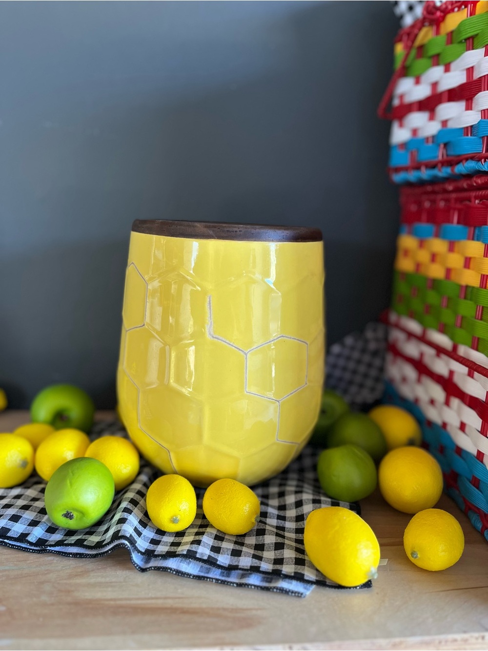 Yellow Honeycomb Ceramic Utensil Holder with Brown Rim